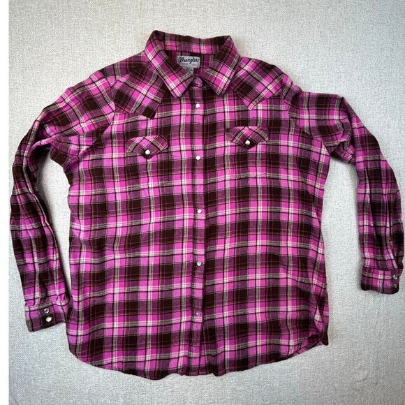 Wrangler Rancher Women’s 2XL Pink/Brown Plaid Pearl Snap Flannel Western Shirt - Picture 1 of 7